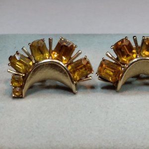 Vintage Franco's Signed Yellow Enamel Brown Rhinestone Sun Flowers Clip On...